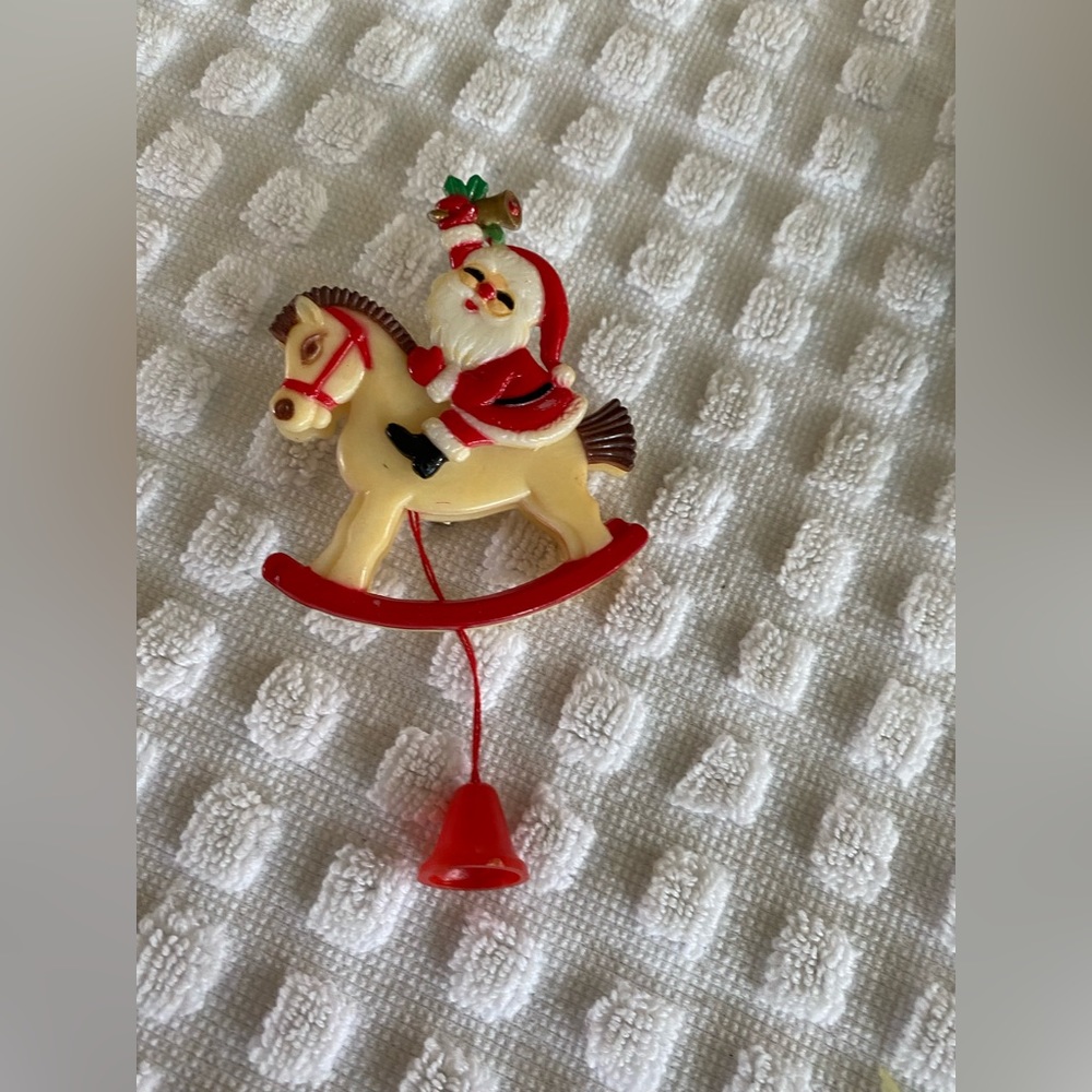 Vintage Christmas Brooch, Santa Riding a Ricking Horse